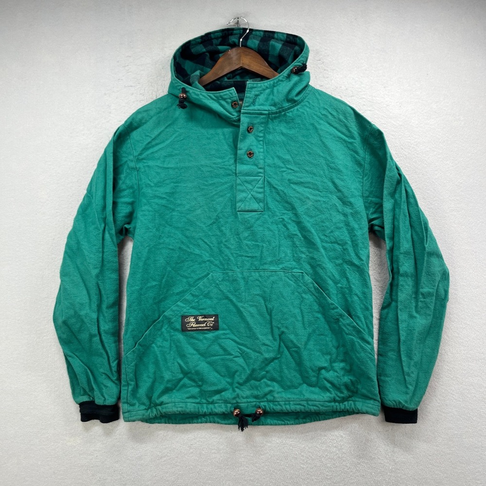 The Vermont Flannel Co Hoodie XS Green Henley Pullover Flannel Lined Made in USA